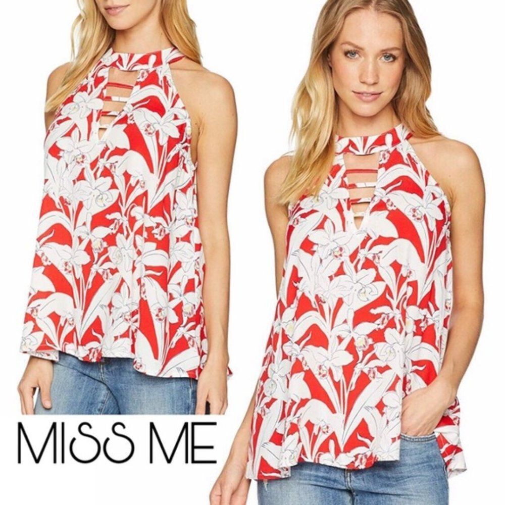 Miss Me Tropical Floral Orchid Halter Tank Top NWT
